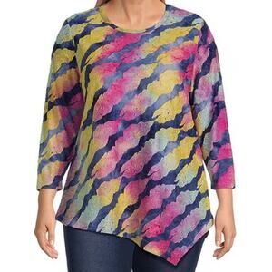 Calessa Plus Size 2X Burnout Tie-Dye Crew Neck 3/4 Sleeve Tunic Artsy Boho